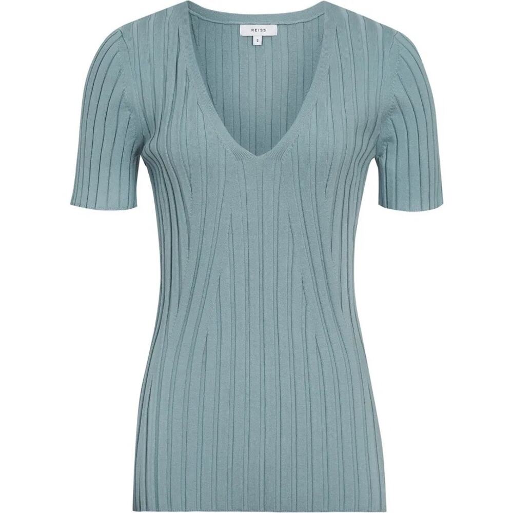 Reiss Aster Light Blue Wide Ribbed V Neck Knit Top Size M Short Sleeve Luxury